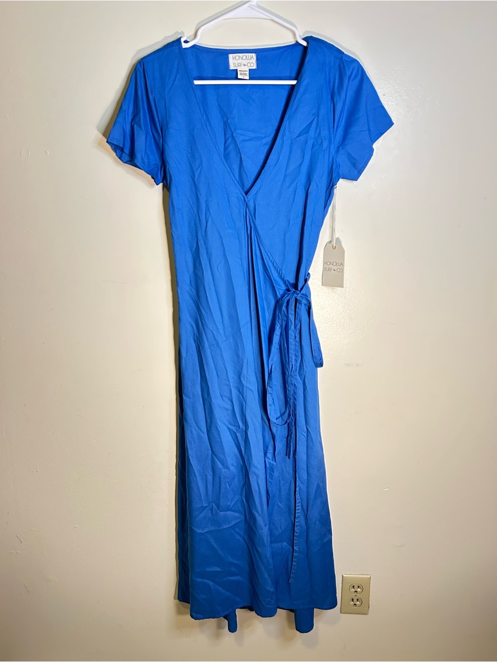 Honolua Surf Co Women’s Blue Solid V-Neck Short Sleeve Wrap Tie Dress S